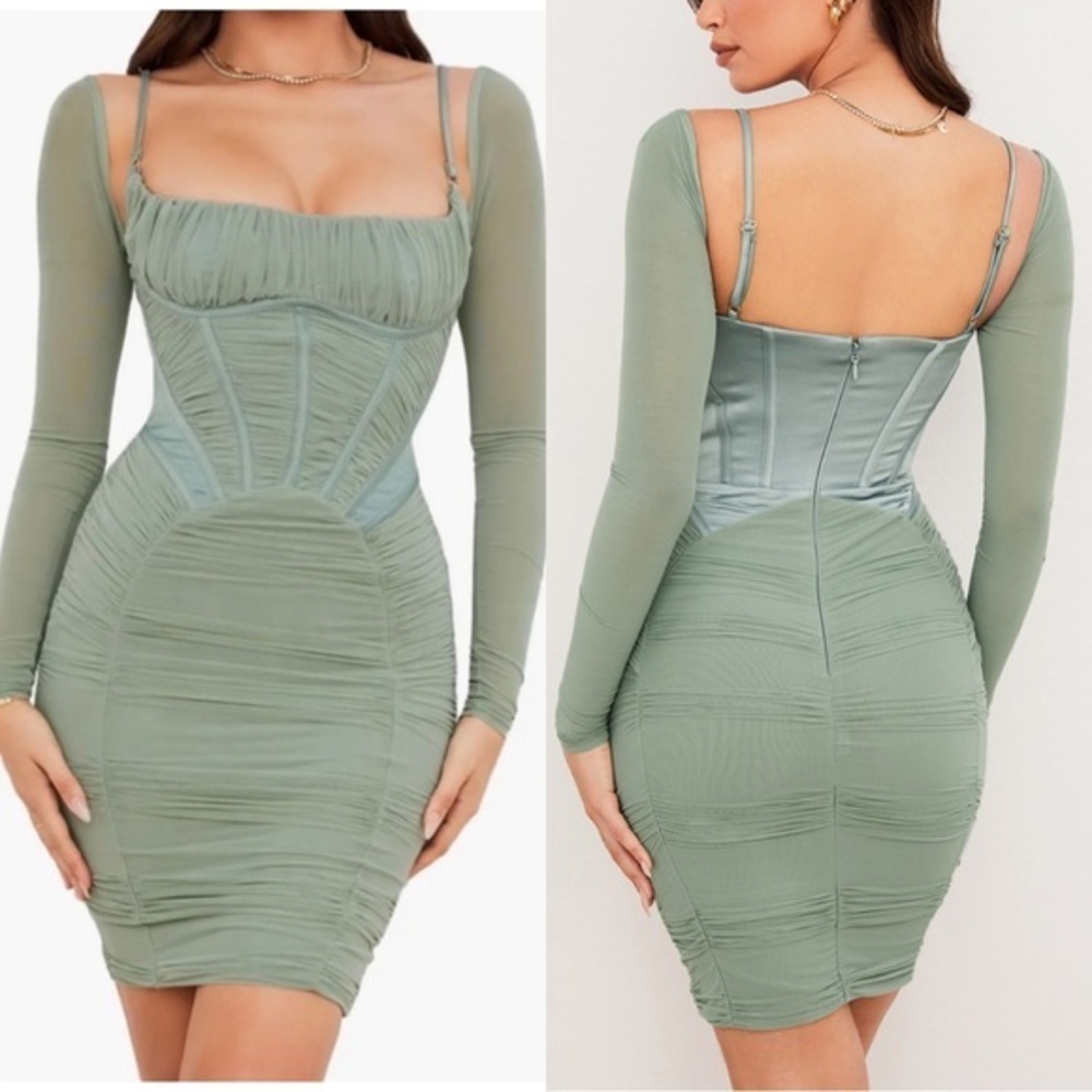 HOUSE OF CB Freyja Satin Ruched Long sleeve Bodycon Dress/Influencer’s love